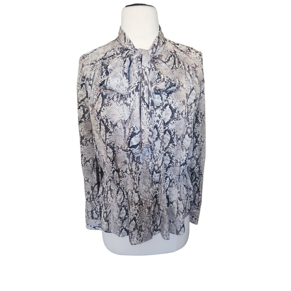 Frame Peplum Neck Bow Silk Blouse Womens XS Beige Black Snake Print Old Money